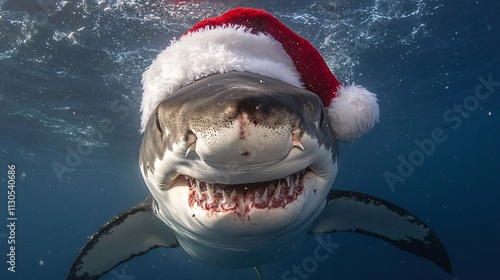 sea shark wearing a santas hat in the sea, chrismas theme, animal christmas wallpaper