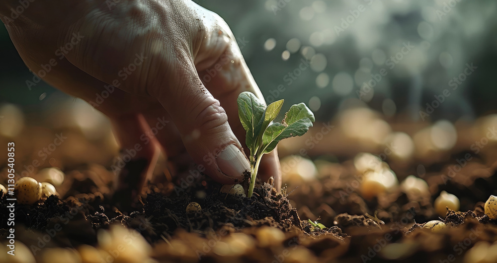 Fototapeta premium Hands planting a seeds. Sustainable farming. symbolizing growth and nurturing in agriculture. close-up shot.