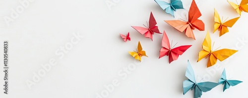 Colorful origami butterflies arranged artfully on a light background.