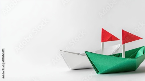 Free Download Paper business leadership concept. Two origami boats, one green with red sails and one white, against a minimalist background. - GFXLoad