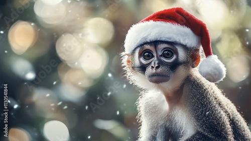 monkey wearing a santas hat in the forest, chrismas theme, animal christmas wallpaper photo