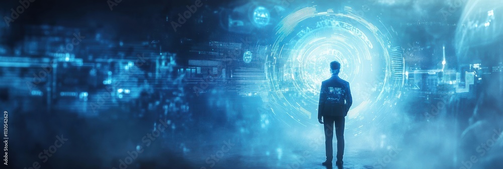 Fototapeta premium A striking silhouette of a man stands before a vivid digital portal, vividly symbolizing the essence of ambition and the transformative journey towards personal growth and achieving individual goals