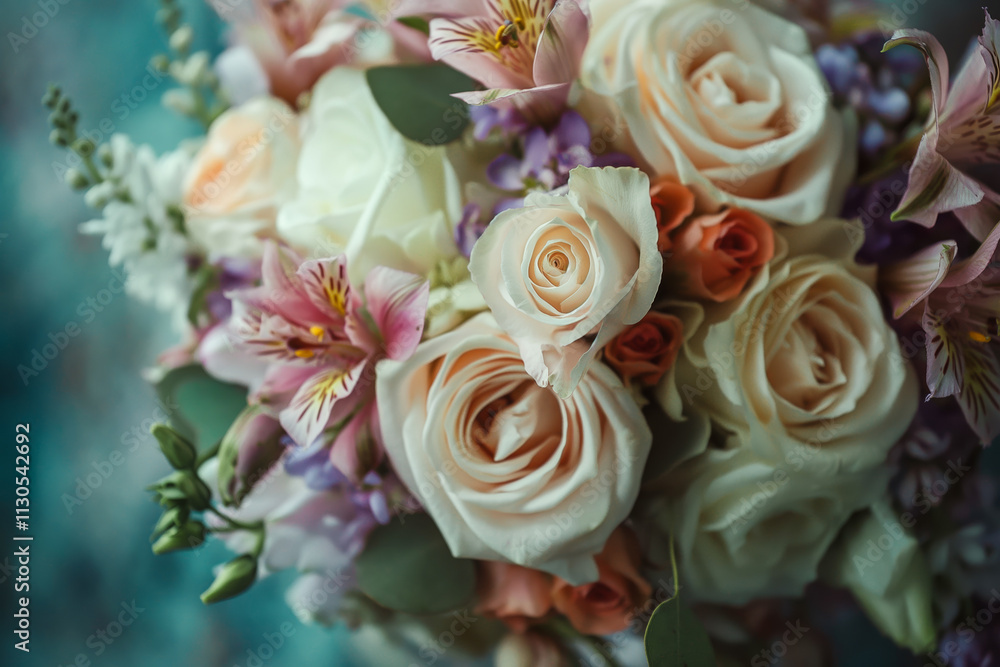 Fototapeta premium Elegant bouquet of roses and lilies in soft pastel shades