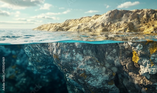 Rocky outcrop, partly submerged, ocean scene.