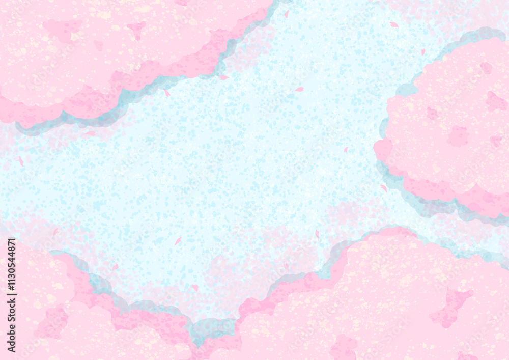 春の景色 桜の背景イラスト 上から俯瞰した風景 横長