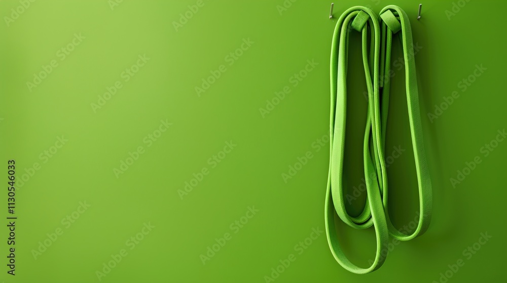 A set of resistance bands hanging neatly on a solid green background.