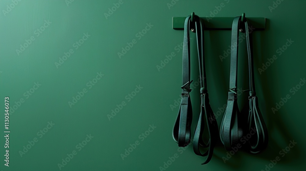 A set of resistance bands hanging neatly on a solid green background.