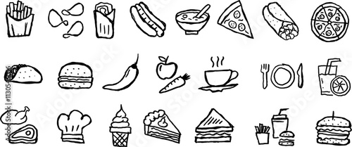 Food and Fast-Food Related Icons Hand Drawn Vector Set