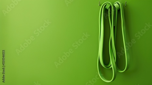 Obraz na płótnie A set of resistance bands hanging neatly on a solid green background. w salonie
