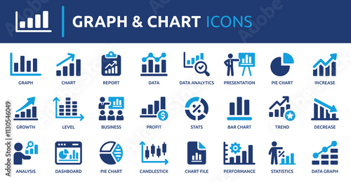 Graph and Chart icon set. Containing data, increase, growth, pie chart, data analytics, business, report and more. Solid vector icons collection.