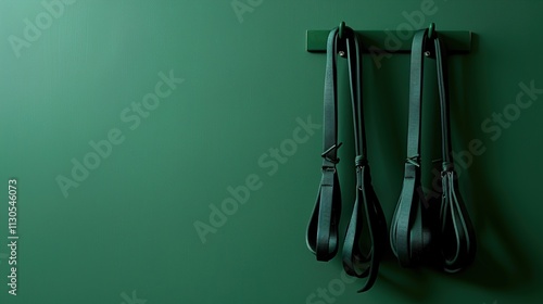 Obraz na płótnie A set of resistance bands hanging neatly on a solid green background. w salonie