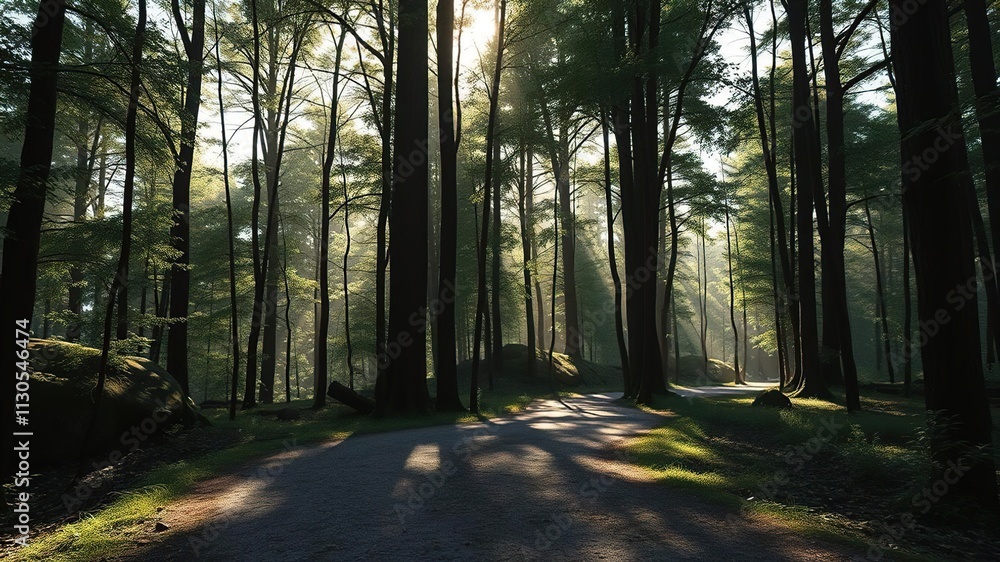 Obraz premium A forest path winding through trees with sunlight filtering down, canopy, sunlight, greenery