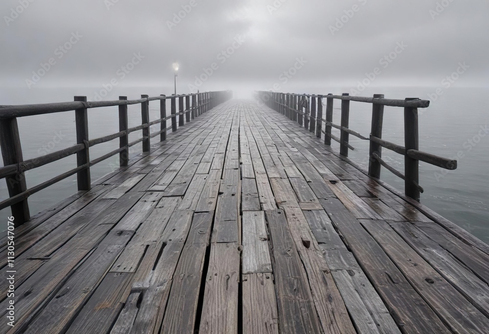 Fototapeta premium A long, weathered pier stretches out into the foggy distance, its wooden slats worn smooth by years of exposure to the elements , dark clouds, serene landscape, ocean view