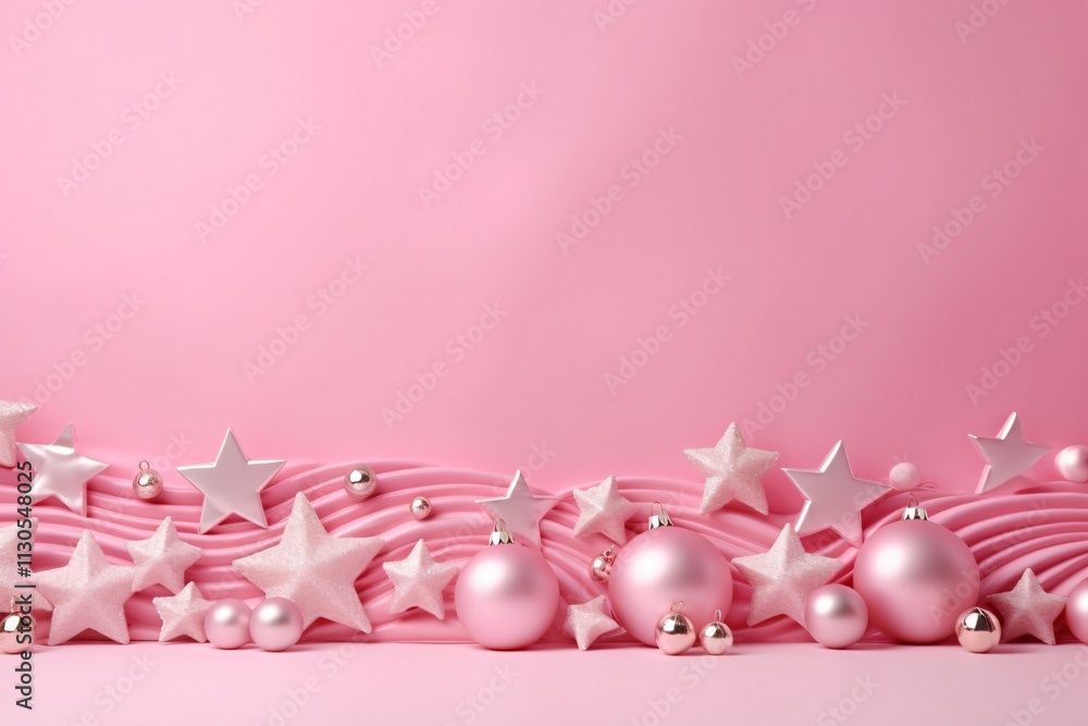 Fototapeta premium Christmas Pink 3D Background, Christmas Pink Decorative Background, Christmas Pink Banner, Christmas Banner, Christmas Border Background, Christmas banner with blank space for text