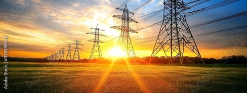 A photo of an electric power grid in the background with green grass and trees, a sunrise in the sky, golden hour lighting