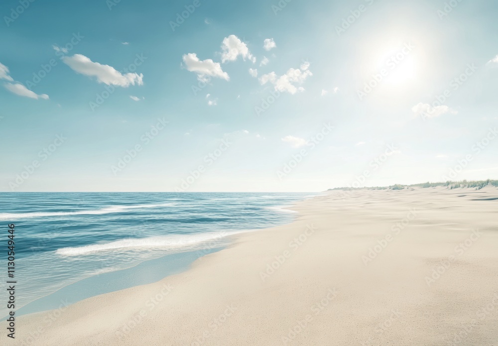 Fototapeta premium Serene Beach Scene Under Bright Blue Sky with Gentle Waves