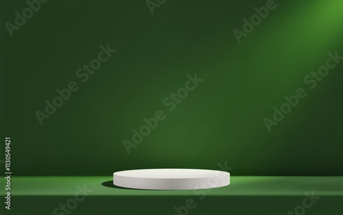 3d white podium in green empty room with table. Background studio scene with platform for product presentation