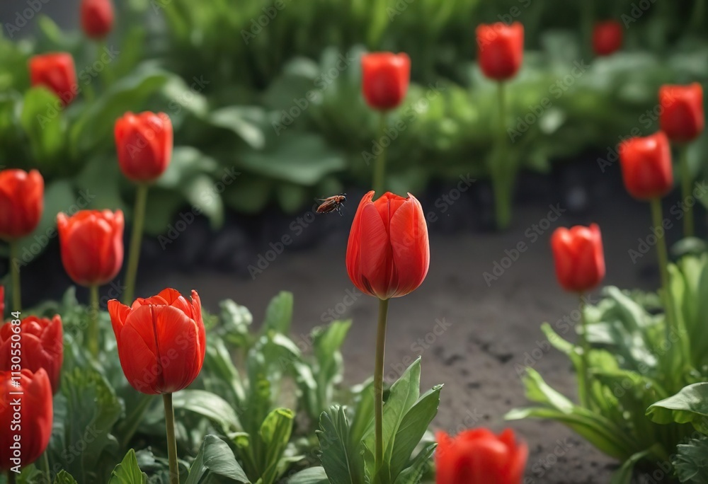 Fototapeta premium Bright red tulip with a tiny fly hovering above its leafy greens, nature, leaf, garden