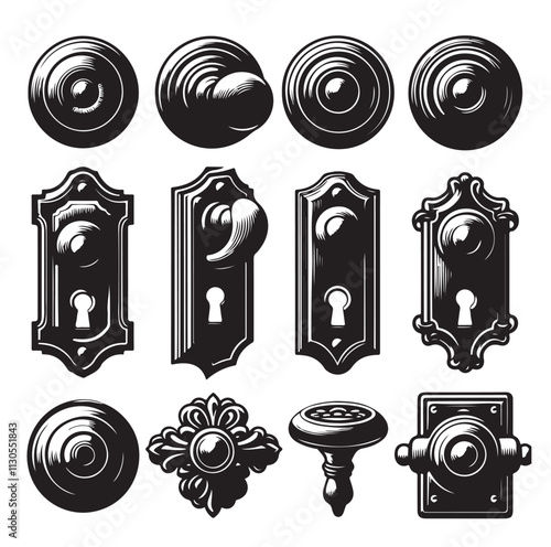 door knob set. Modern door handle Silhouette vector illustration