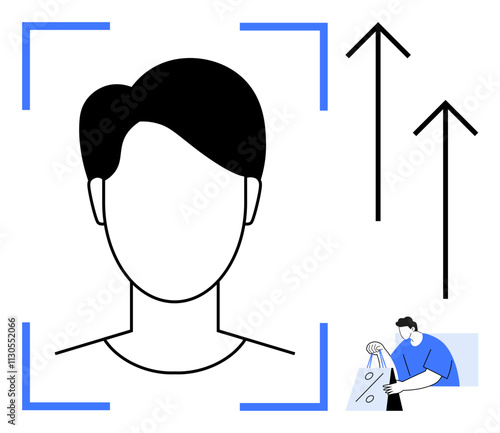 Faceless profile photo in blue square frame, two upward arrows, and a person examining a sheet of paper. Ideal for identity verification, professionalism, growth, progress, examination, direction