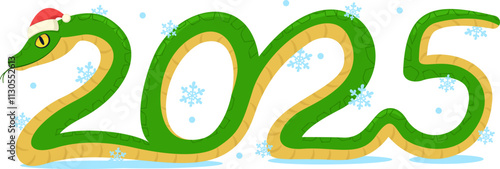 Snake in the shape of 2025 in a Santa Claus hat, symbol of the new year on a white background.