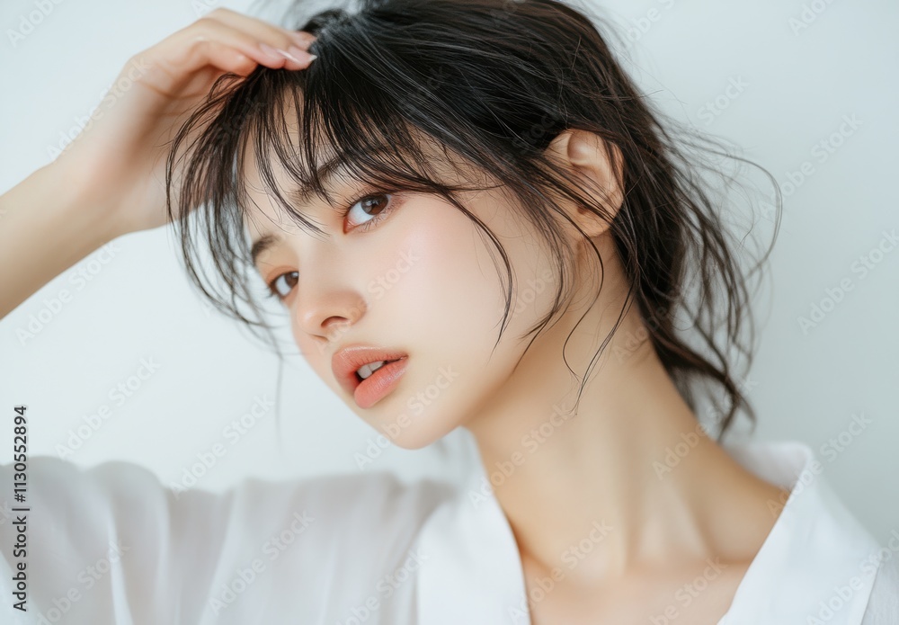 Naklejka premium Beautiful Woman with Soft Makeup and Messy Hairstyle in Natural Light