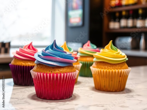 Colorful cupcakes with swirly testy cream on a marble bar, sweet treats, cupcakes, creamytopping photo