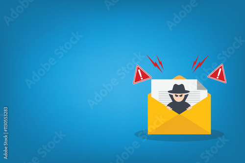 Email data phishing. Cyber thief hide inside email on a laptop computer. Virus, malware, email fraud, e-mail spam, phishing scam, hacker attack concept.	