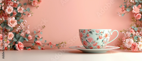Floral Teacup on Pink Background.