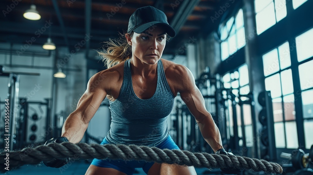 Fototapeta premium Determined woman training with battle ropes in industrial-style gym