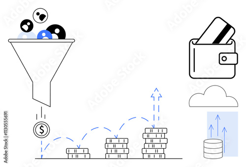 Coins increasing as they pass through a funnel, wallet with cards representing payments, cloud and data storage. Ideal for finance, savings, investment, cloud services, data management, payment