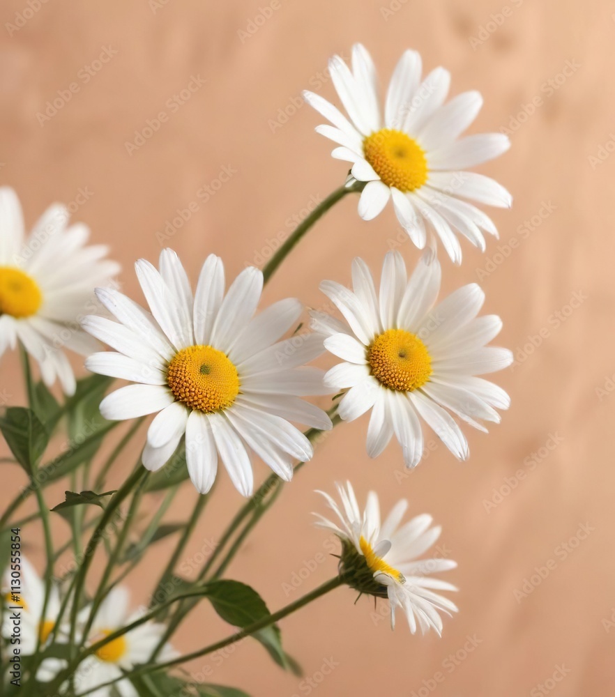 Obraz premium delicate daisy flowers on soft peach background, closeup, gentle, daisy