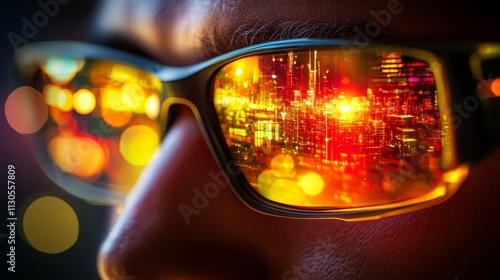 Close.up Of Man, Glasses Reflecting City Lights With Modern And Magical Glow Effect,, photo