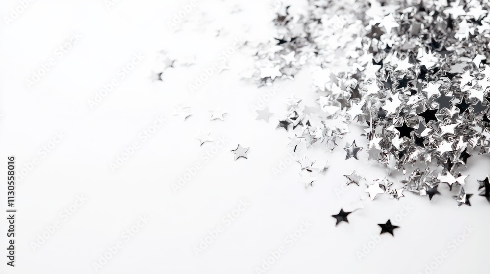 Obraz premium A cascade of silver stars tumbling down, frozen in motion, on a clean white background