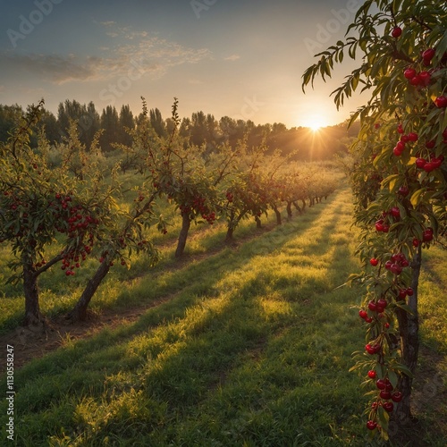 A romantic sunrise over a cherry orchard with ripe fruits glistening in the morning dew.