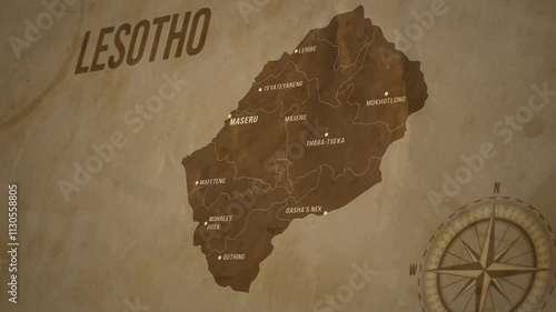 Vintage Map of LESOTHO with states Borders and Major Cities Positions photo