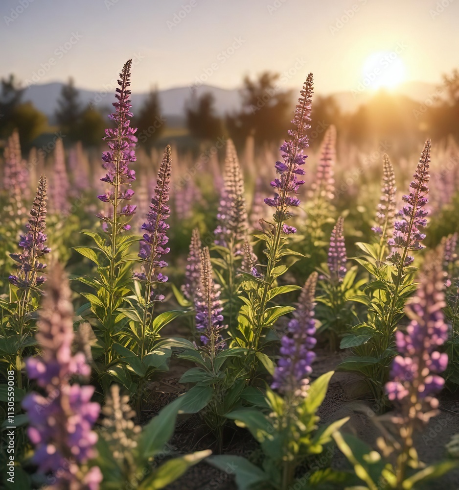 Obraz premium A field of Clary Sage plants growing in the sun with a warm glow effect , farming, field crops