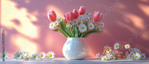 Pink Tulips and Daisies in White Vase.