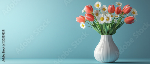 Wallpaper Mural Spring Tulips and Daisies in White Vase. Torontodigital.ca