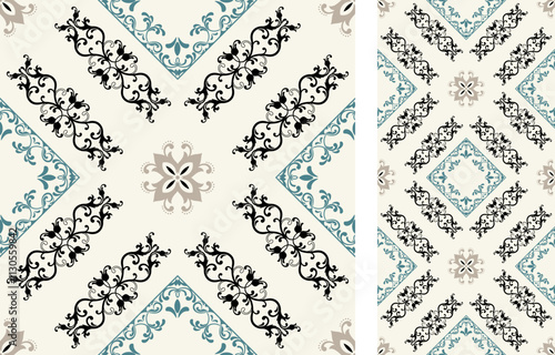 Ceramic tiles. Seamless colorful patchwork. Traditional ornate Portuguese and Spanish decorative tiles azulejos. Abstract background. Azulejos tiles patchwork. Hand drawn background. Vector