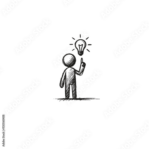 Stick Figure Sketch Representing Creativity With Lightbulb and Inspiration. Conceptual illustration of a stick figure with a glowing lightbulb, symbolizing innovation and ideas.