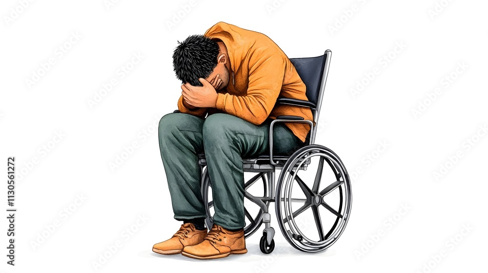 Obraz premium Emotional Struggle of a Young Man in a Wheelchair Reflects Challenges of Disability and Mental Health with Head in Hands in an Isolated Setting
