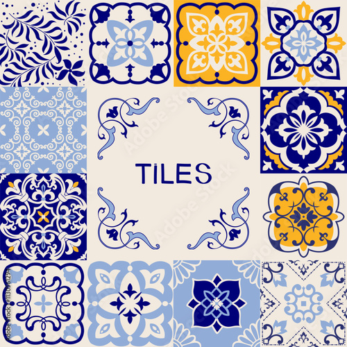 Ceramic tiles in turkish style. Spanish ceramic floor tiles. Portuguese motifs. Colorful decorations pattern, racy vector design. 