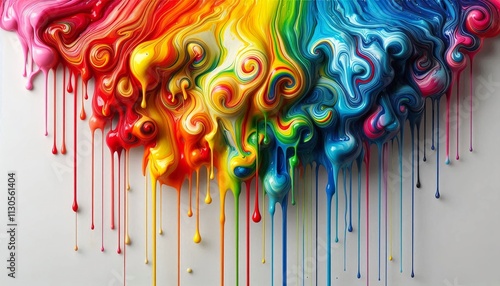 Dripping paint in vibrant colors creating a rainbow effect on a white background photo