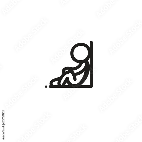 Black and white illustration of a person sitting against a wall, conveying isolation or introspection. Minimalist design suitable for themes of mental health, solitude, or philosophical contemplation.