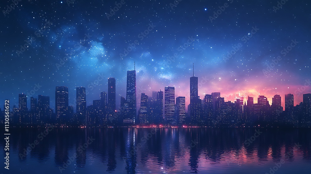 Obraz premium Starry night sky over city skyline high resolution image
