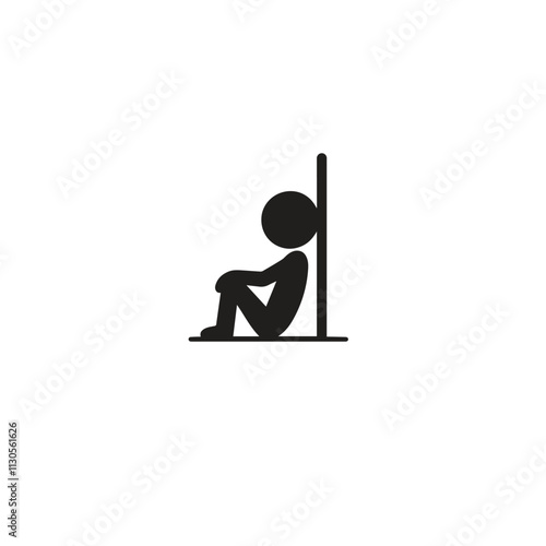 Black and white illustration of a person sitting against a wall, conveying isolation or introspection. Minimalist design suitable for themes of mental health, solitude, or philosophical contemplation.