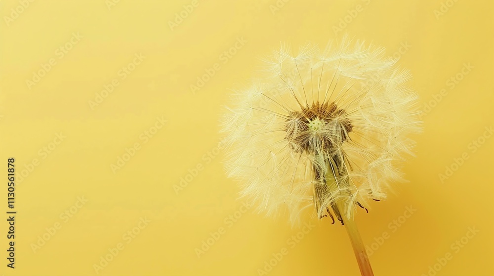 A single, fluffy dandelion seed head on a solid pastel yellow background.