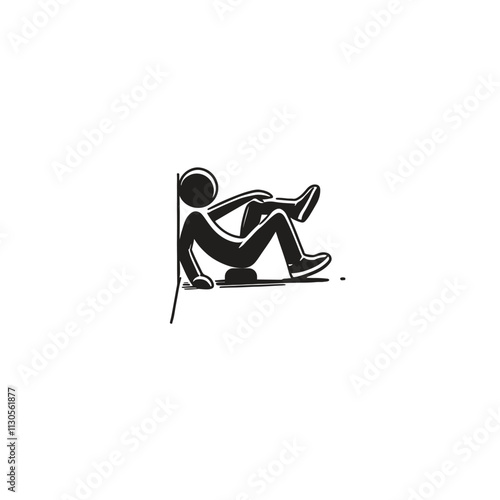 Black and white illustration of a person sitting against a wall, conveying isolation or introspection. Minimalist design suitable for themes of mental health, solitude, or philosophical contemplation.