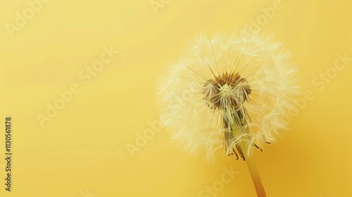 A single, fluffy dandelion seed head on a solid pastel yellow background.